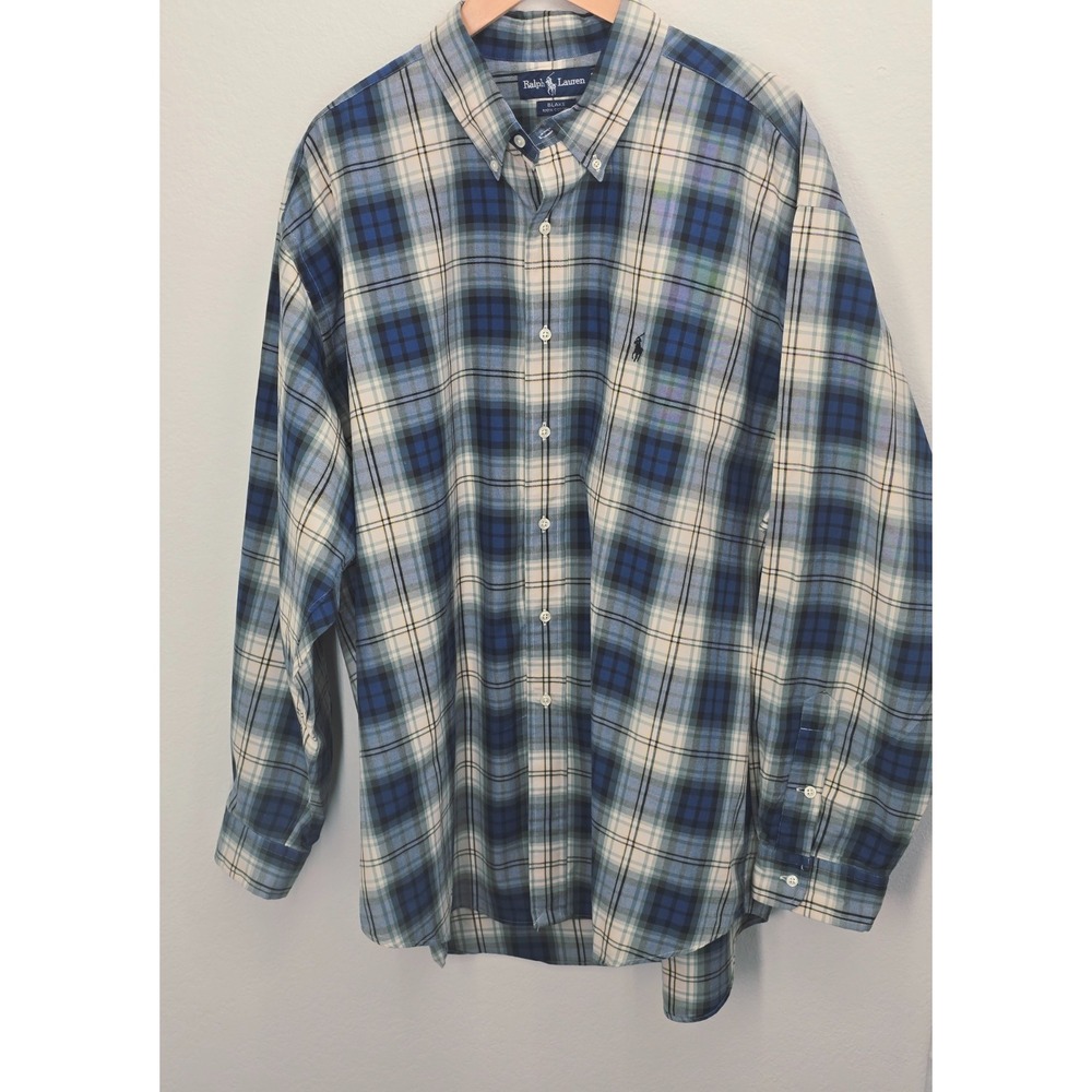 Ralph Lauren Men's XXL Button Down Blake Shirt 100% Cotton Blue Tan Plaid